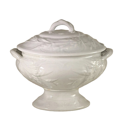 MINIATURE WHITE IRONSTONE Footed Covered Soup Tureen Imported by A De Forest of Ann Arbor Circa 19th Century