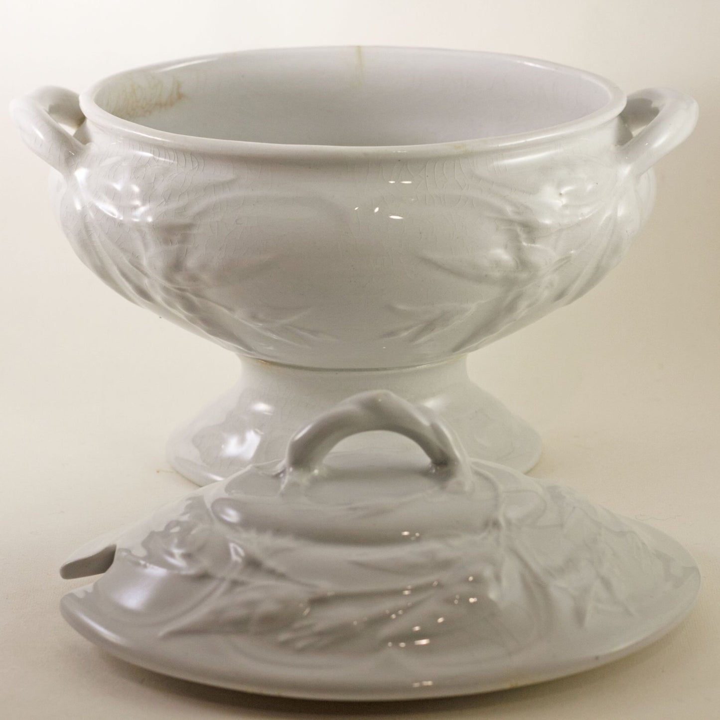 MINIATURE WHITE IRONSTONE Footed Covered Soup Tureen Imported by A De Forest of Ann Arbor Circa 19th Century