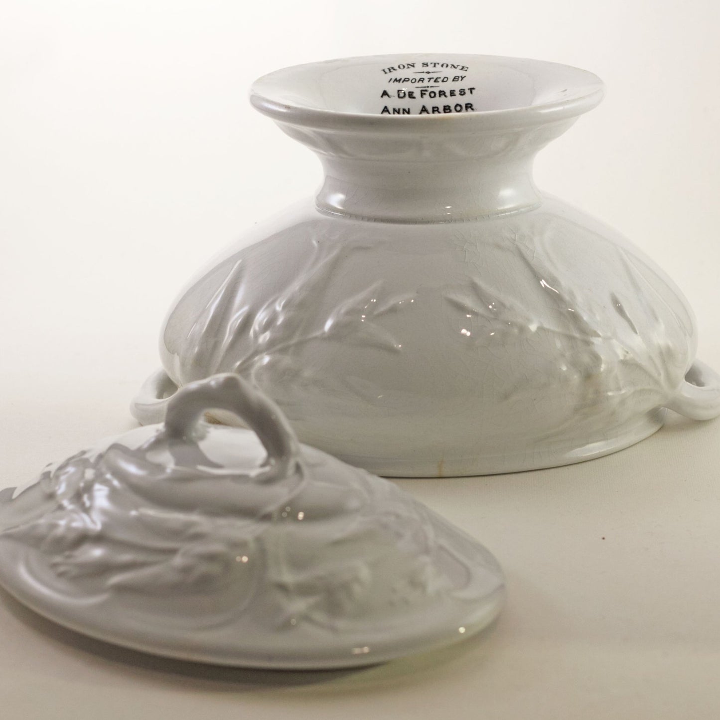 MINIATURE WHITE IRONSTONE Footed Covered Soup Tureen Imported by A De Forest of Ann Arbor Circa 19th Century