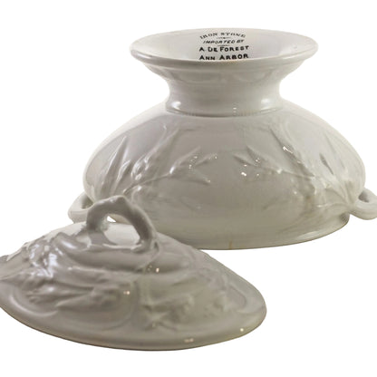 MINIATURE WHITE IRONSTONE Footed Covered Soup Tureen Imported by A De Forest of Ann Arbor Circa 19th Century