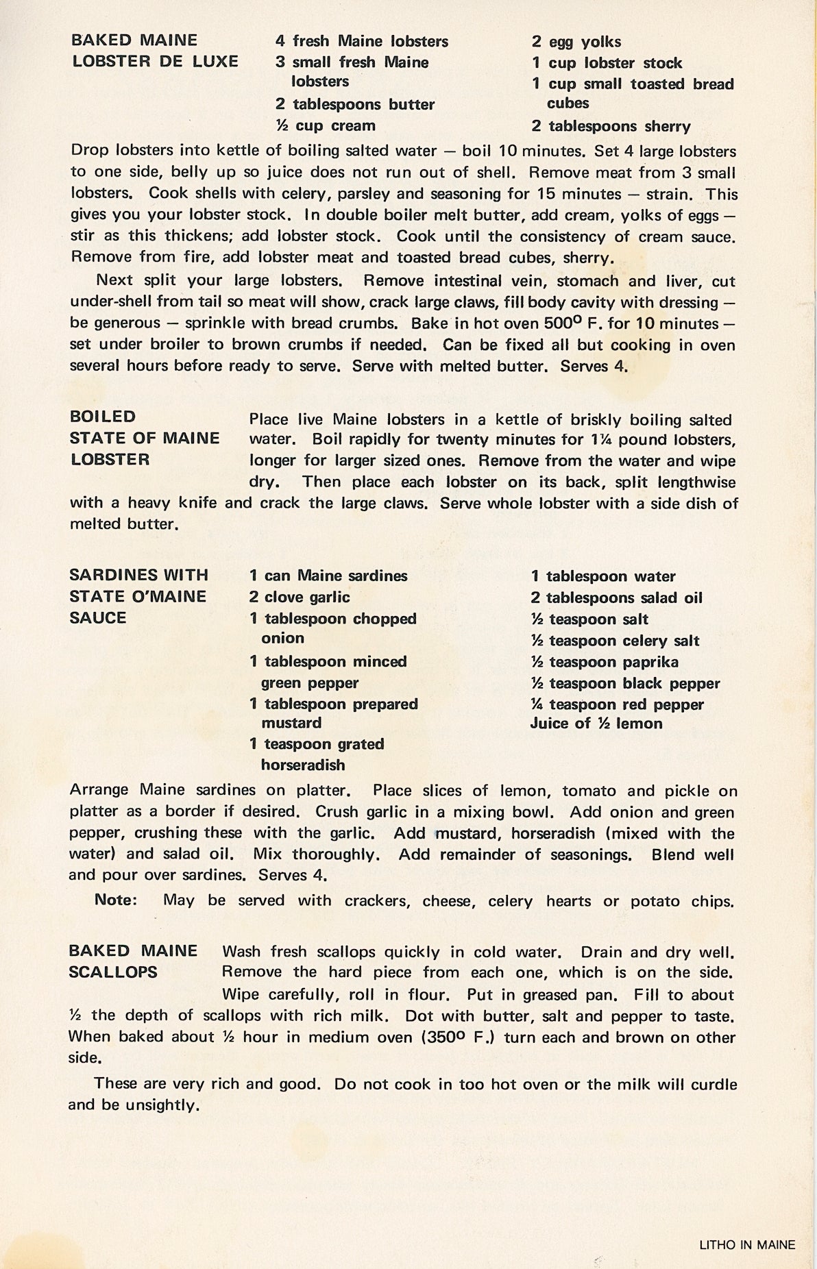 SEAFOOD DISHES FROM MAINE Recipe Pamphlet Circa 1970s