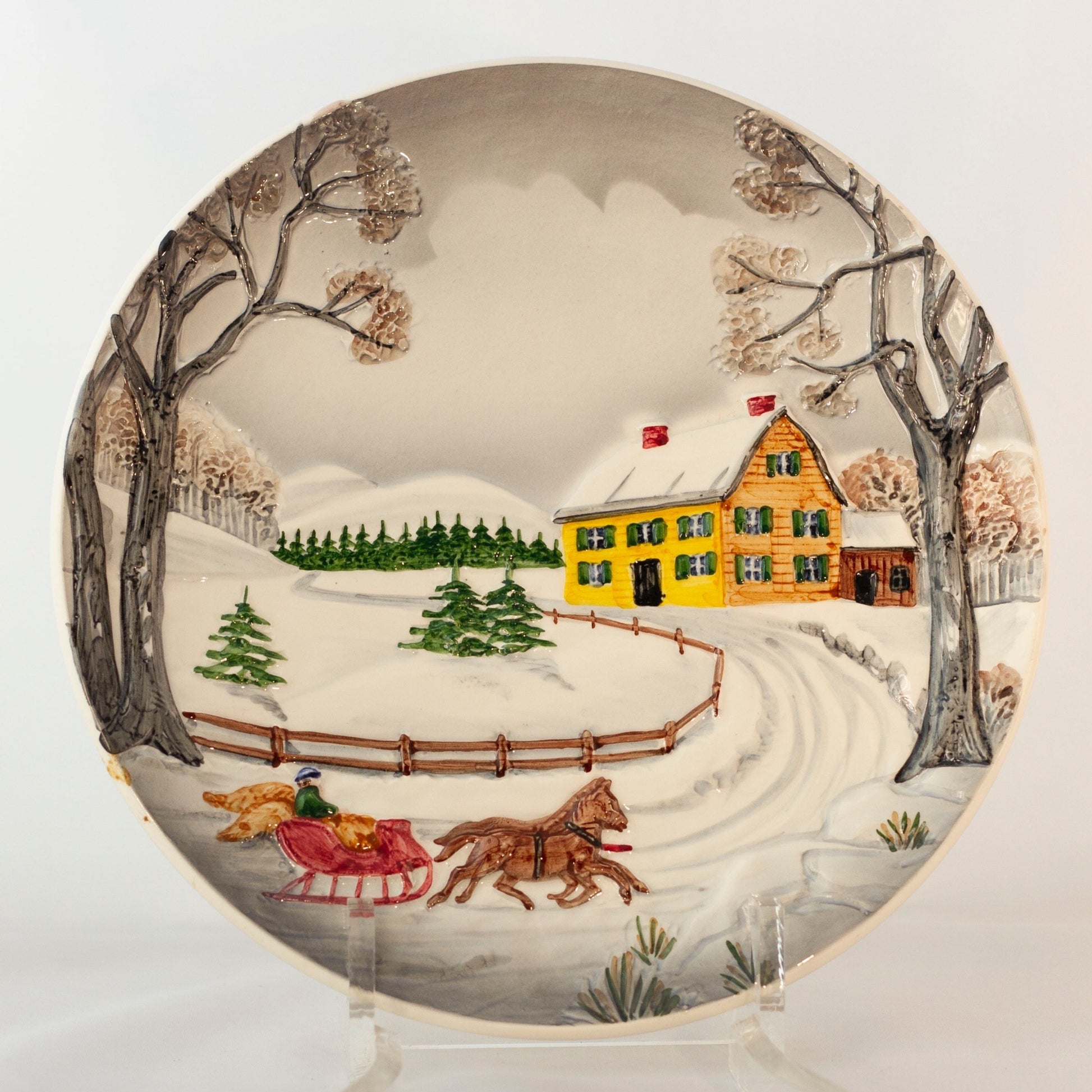 GERMANY CERAMIC PLATE Hand Painted Snowy Winter Sleigh Ride Circa 1950s