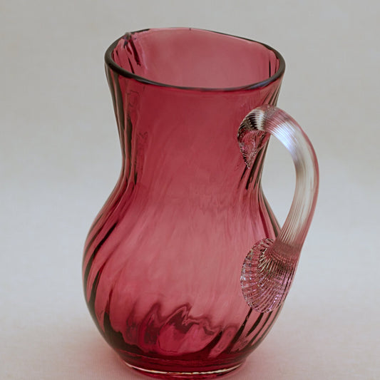 PILGRIM CRANBERRY GLASS Jug or Pitcher with Optic Swirl and Applied Clear Handle