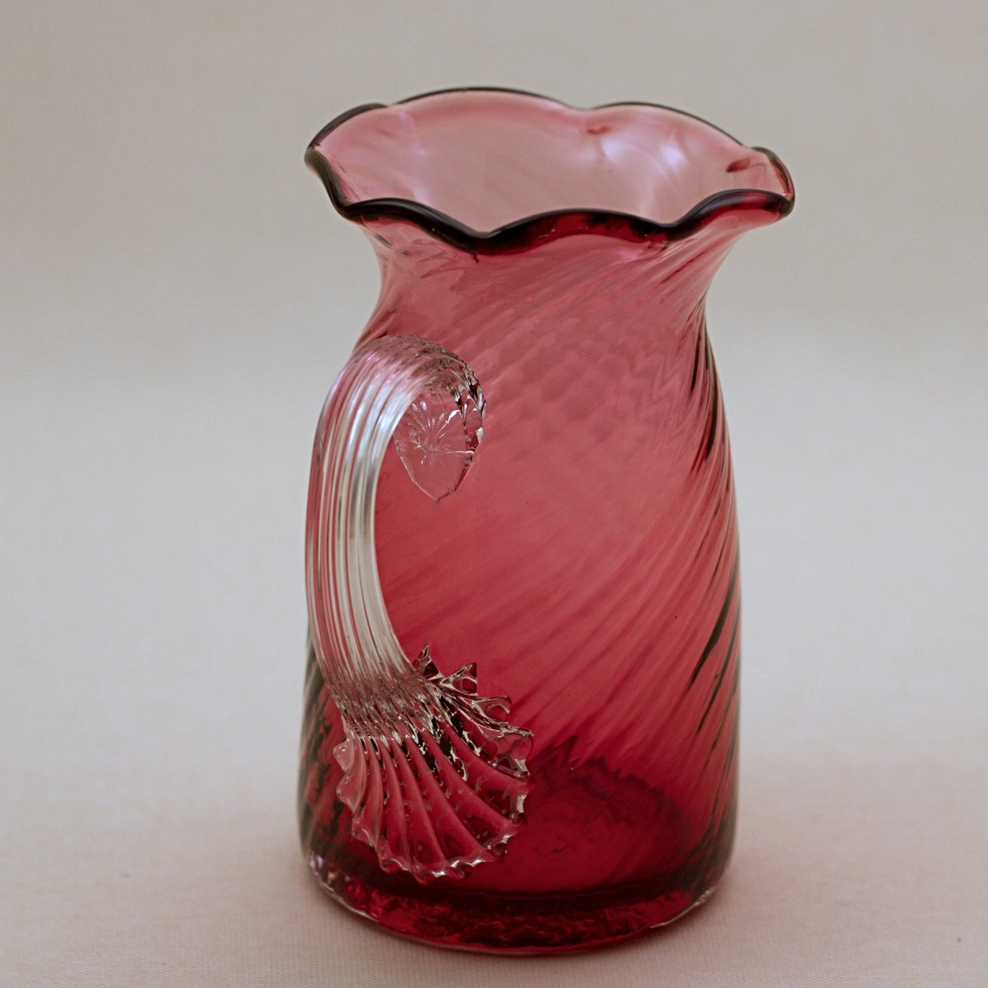 PILGRIM CRANBERRY GLASS Ruffled Rim Pitcher with Optic Swirl