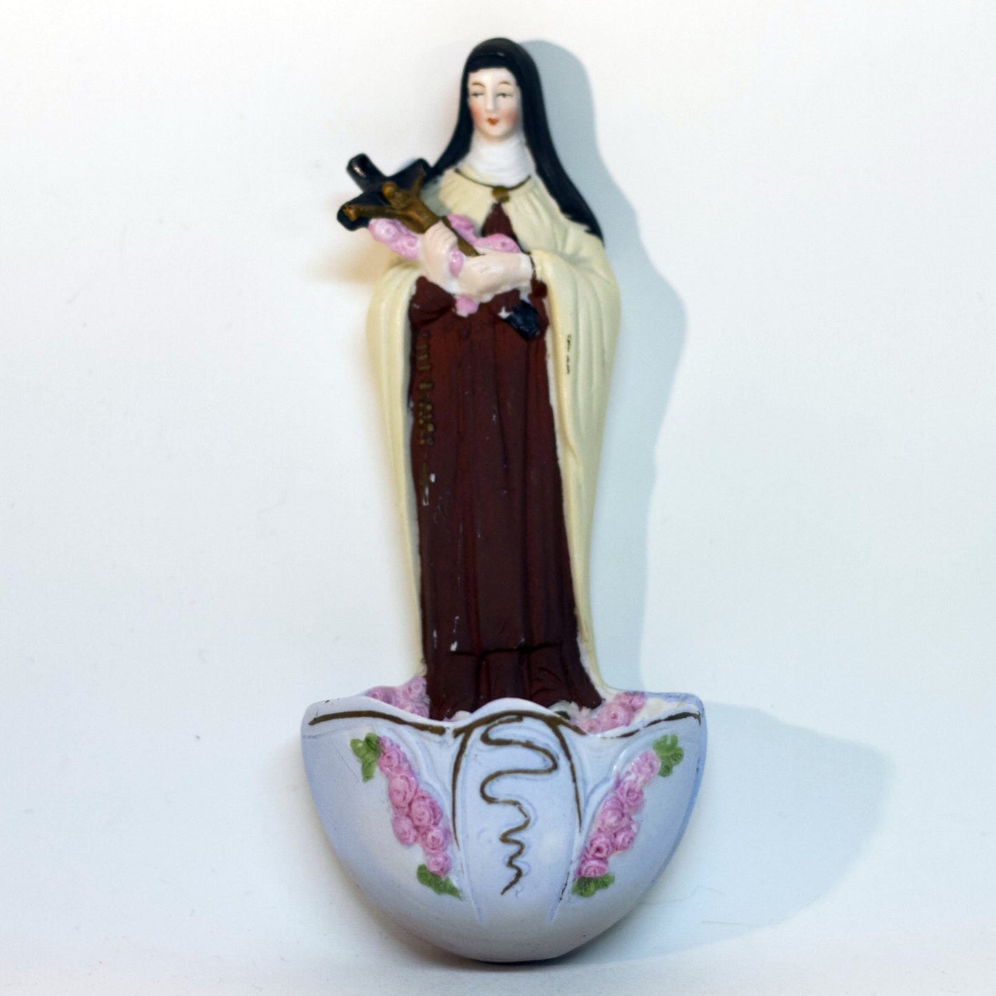 Vintage German HOLY WATER FONT Depicting ST. THERESE OF LISIEUX Colorfully Hand-Painted Bisque