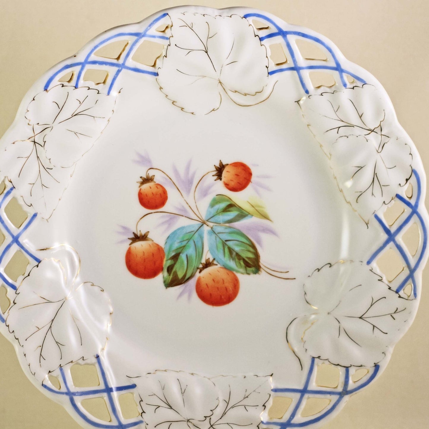 STRAWBERRY PORCELAIN PLATE with Reticulated Embossed Edge and Gilt Highlights