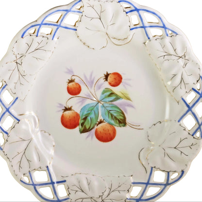 STRAWBERRY PORCELAIN PLATE with Reticulated Embossed Edge and Gilt Highlights