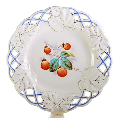 STRAWBERRY PORCELAIN PLATE with Reticulated Embossed Edge and Gilt Highlights