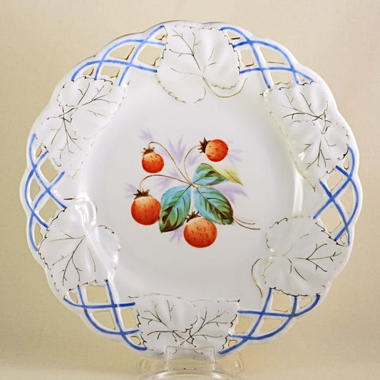 STRAWBERRY PORCELAIN PLATE with Reticulated Embossed Edge and Gilt Highlights