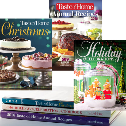 Taste of Home 2016 Holiday, Christmas, and Annual Recipes editions. Like‑new condition, each sold individually. Dated volumes prized by collectors.