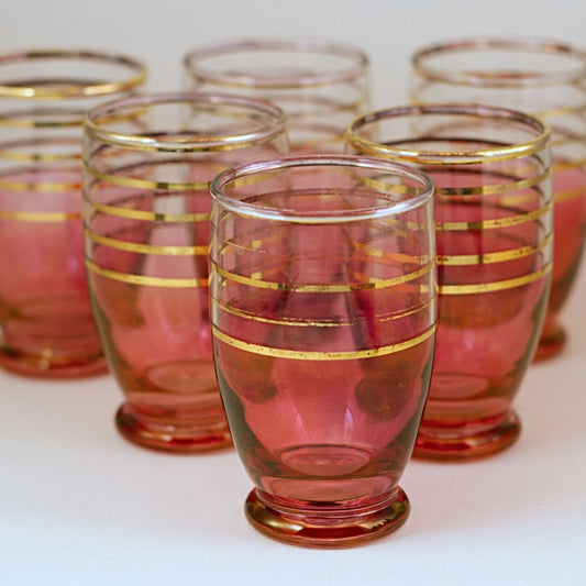 CRANBERRY GLASS Juice Tumblers with Gold Stripes (Set of 6)
