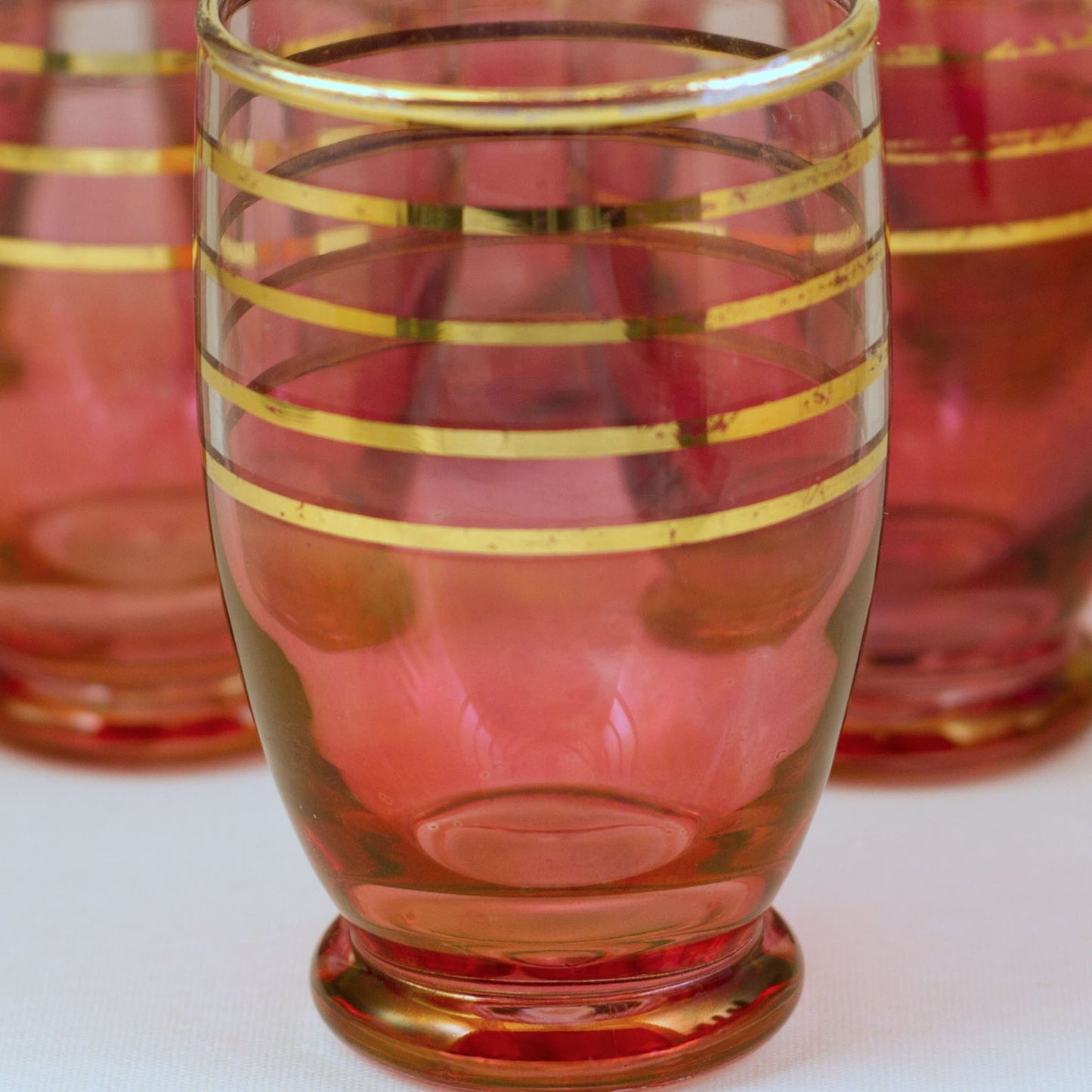 CRANBERRY GLASS Juice Tumblers with Gold Stripes (Set of 6)