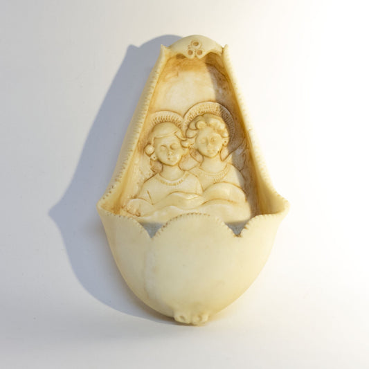 HOLY WATER FONT With Raised Relief Childlike ANGELS IN A POD Hand-Carved Resin Alabaster