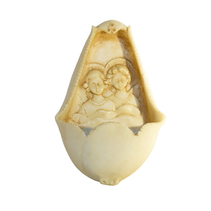 Holy Water Font with Childlike Angels | Italian Resin Alabaster | Raised Relief Devotional Font
