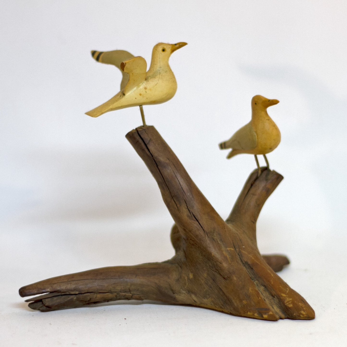 Hand Painted and Carved SEAGULLS WOOD SCULPTURE Marked Bar Harbor ME Circa 1980s