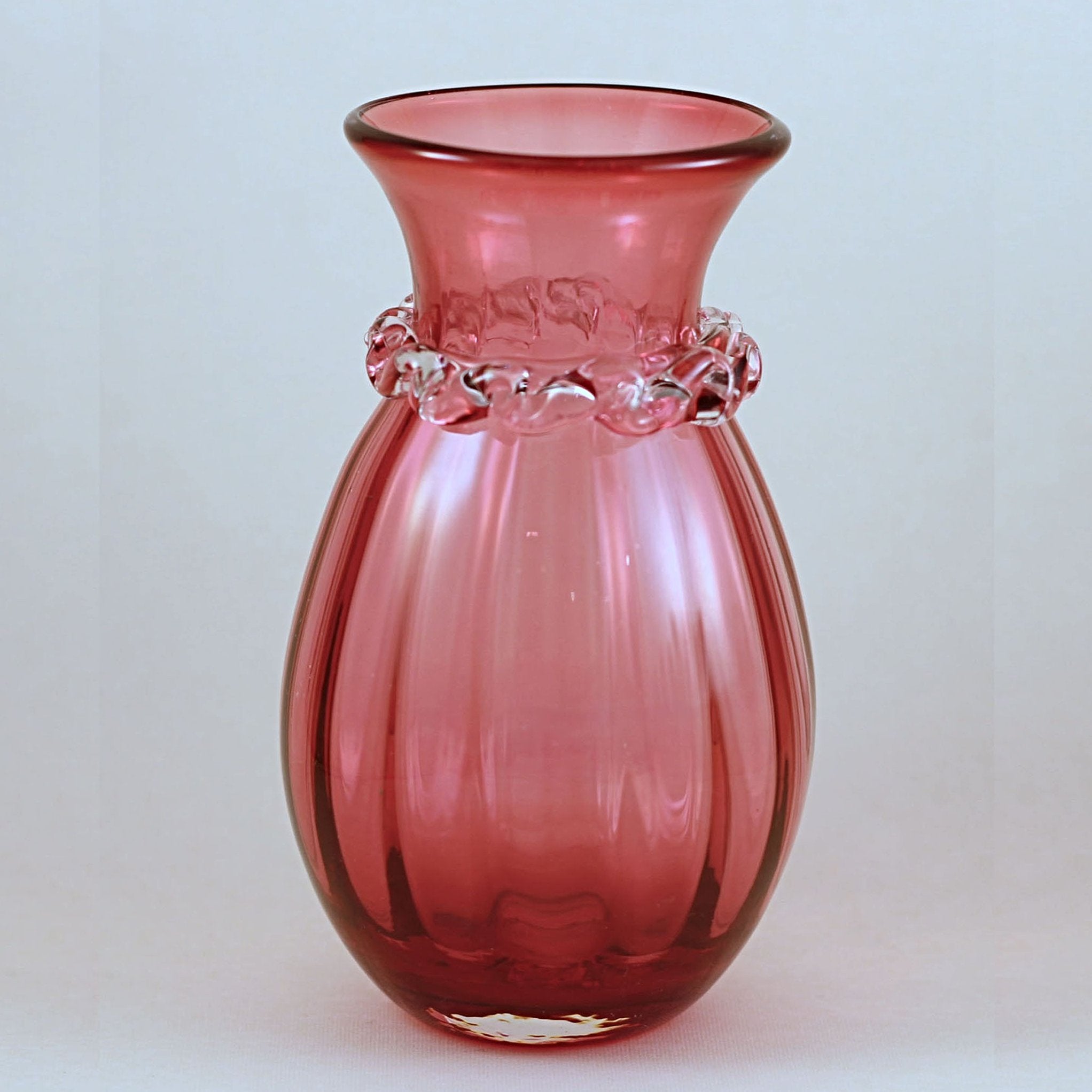 PILGRIM CRANBERRY GLASS Vase with Fancy Rigaree Collar and Optic Stripe  Circa 1980s
