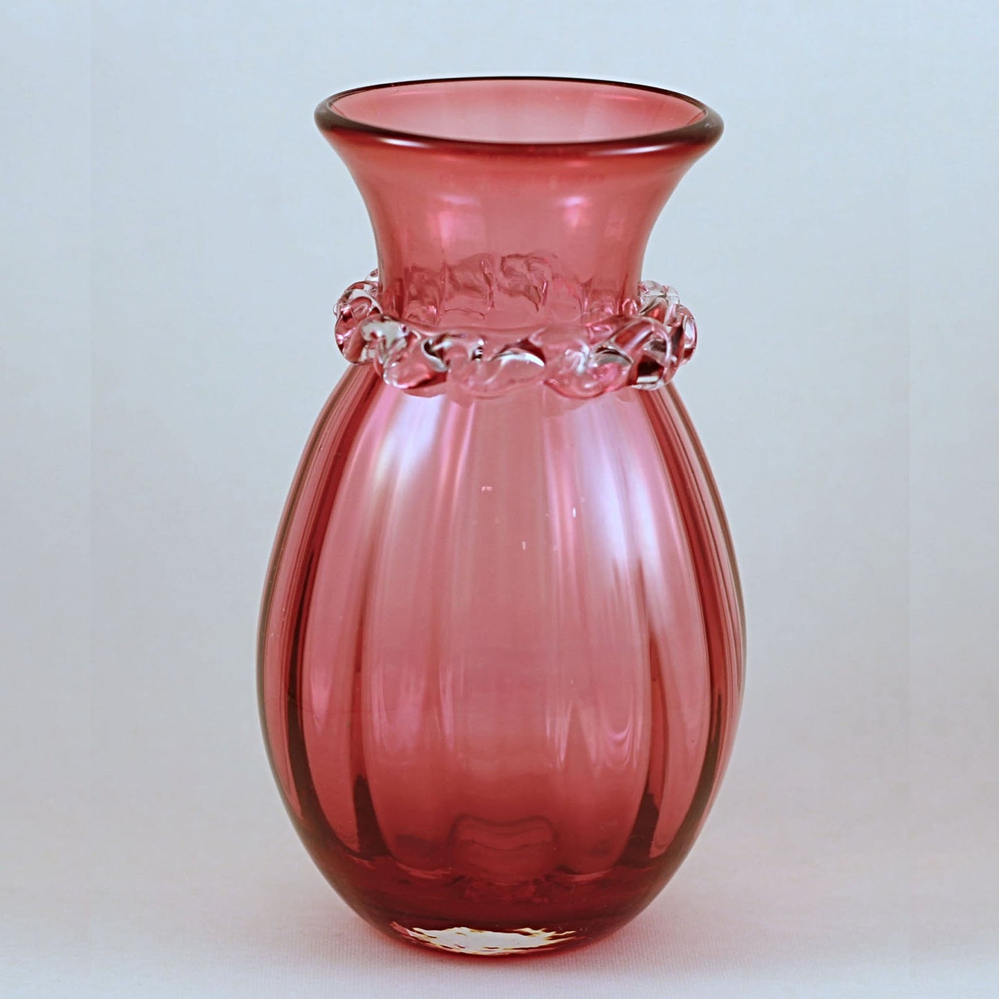 PILGRIM CRANBERRY GLASS Vase with Fancy Rigaree Collar and Optic Stripe