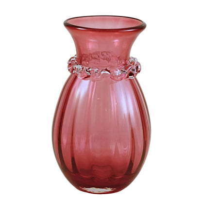 PILGRIM CRANBERRY GLASS Vase with Fancy Rigaree Collar and Optic Stripe