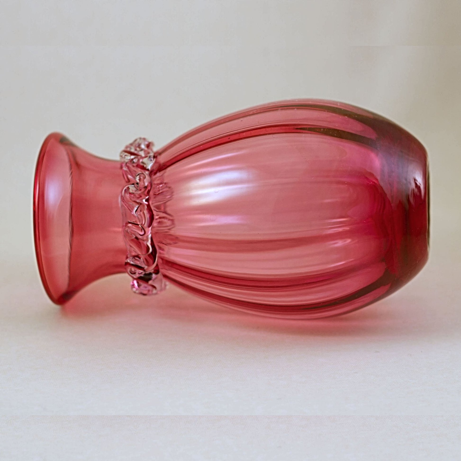PILGRIM CRANBERRY GLASS Vase with Fancy Rigaree Collar and Optic Stripe
