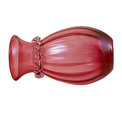 PILGRIM CRANBERRY GLASS Vase with Fancy Rigaree Collar and Optic Stripe