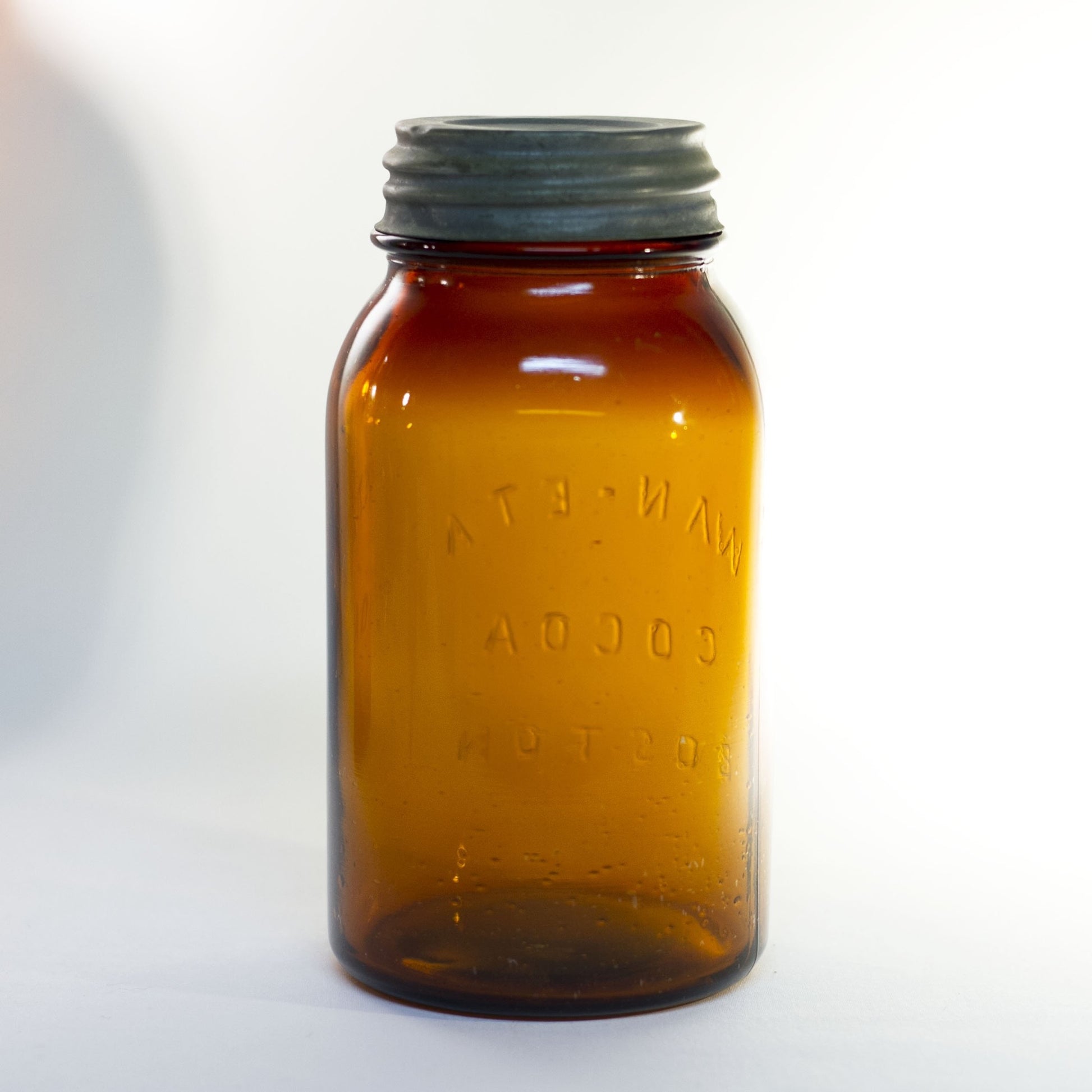 Vintage Amber Glass WAN-ETA COCOA Quart-Size Mason Jar Distributed by the Massachusetts Chocolate Company of Boston Circa 1920 to 1930