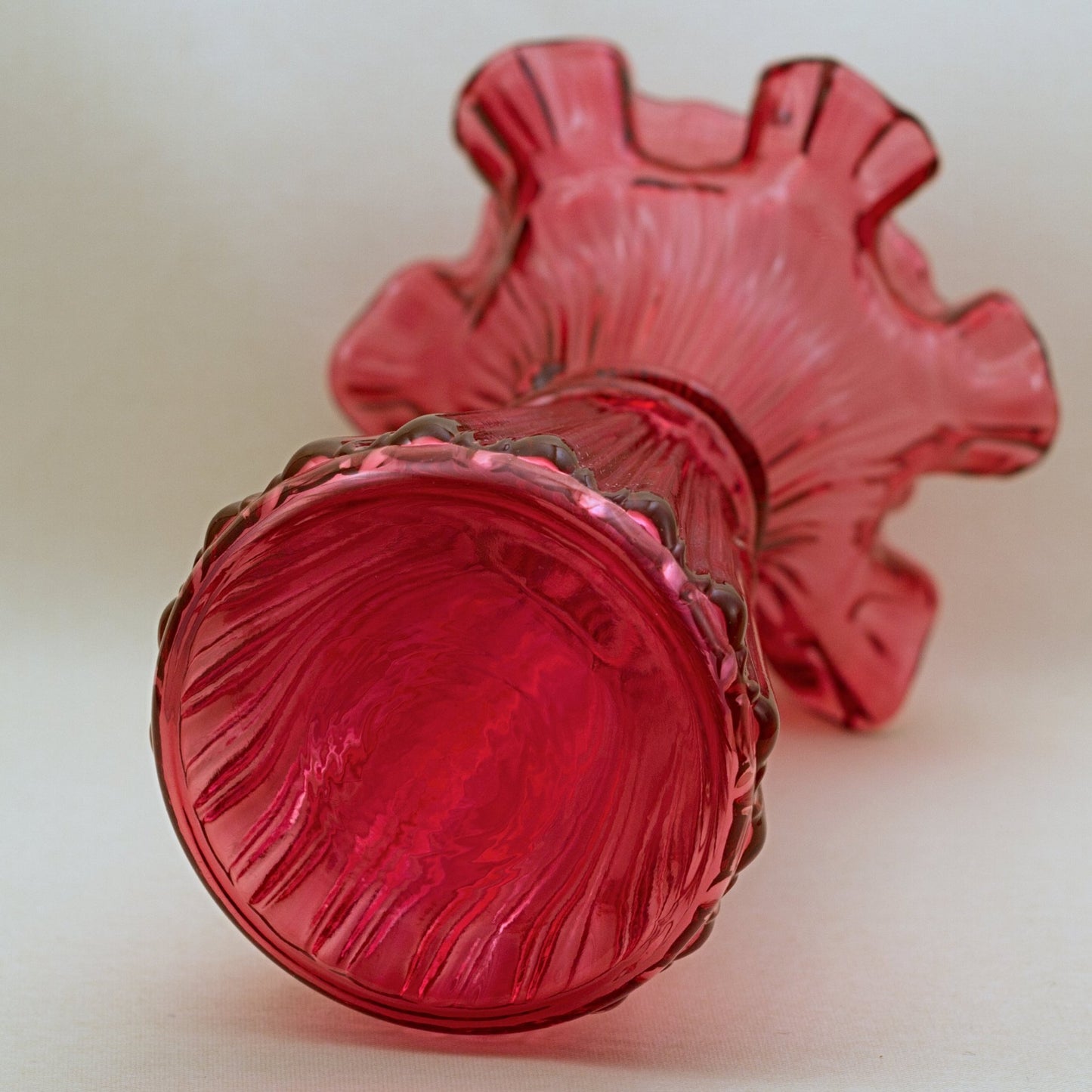 FENTON CRANBERRY GLASS Wheat Design with Three-Ring Neck & Crimped Ruffle Rim Circa 1960s