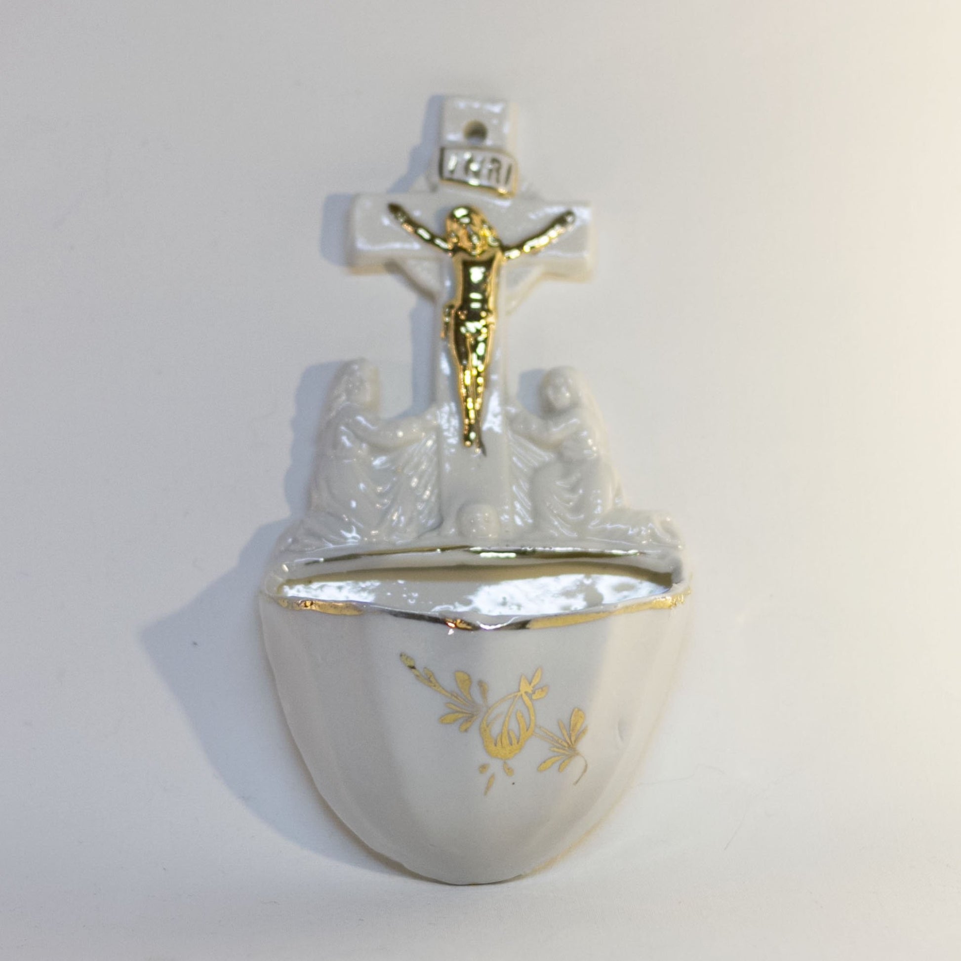Vintage HOLY WATER FONT Depicting PASSION OF THE CHRIST CRUCIFIX Worshippers Kneeling to Christ and Cross Gold Gilt Hand-Painted Bisque