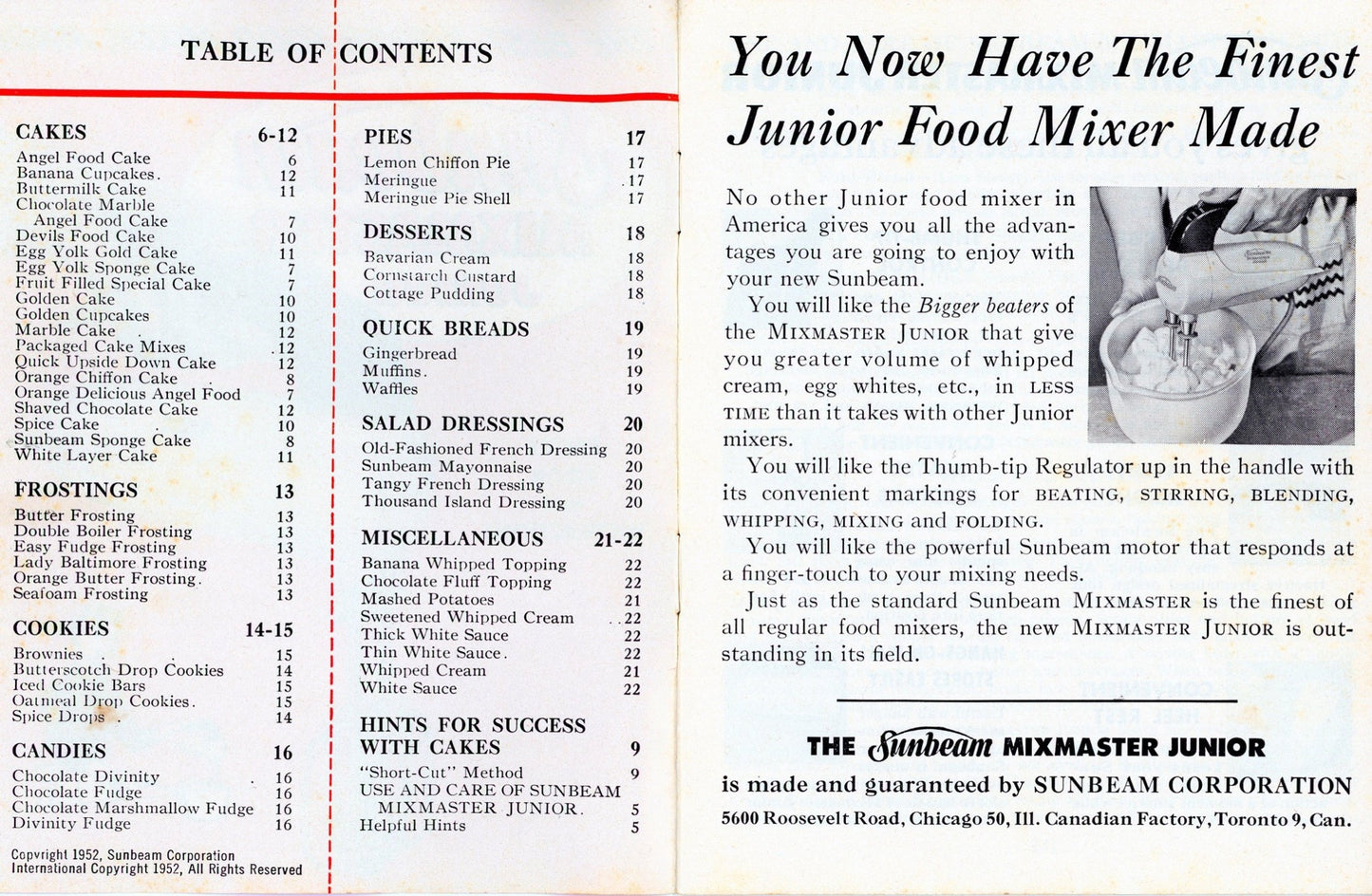 SUNBEAM MIXMASTER JUNIOR Recipe Book and Instructions Circa 1952